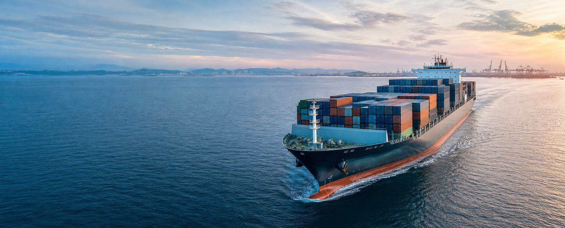 Commercial vessel approaching a major port at first light